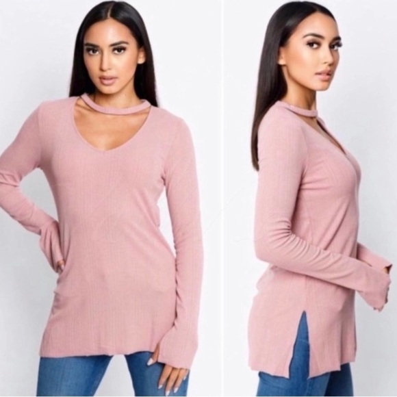 Mauve Long Sleeve Top with Choker Neck - Picture 1 of 2
